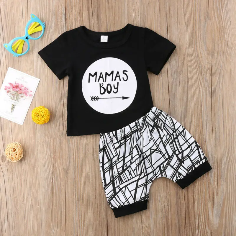 

0-24 Months Baby Boys Clothes Set Black Letter Print Tshirt For Boys White Striped Pants Leggings Baby Boys Clothing Newborn Set