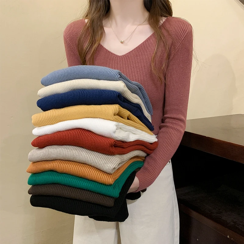 

2021 Basic V-neck Solid Autumn Winter Sweater Pullover Women Female Knitted Sweater Slim Long Sleeve Badycon Women's Sweater