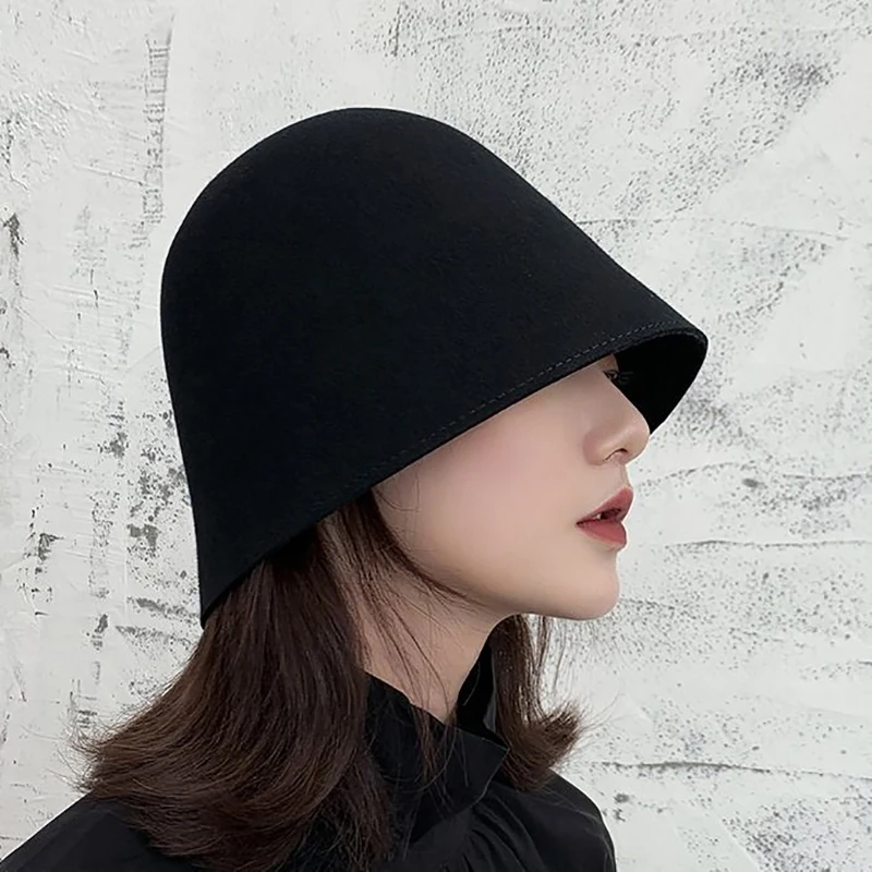 

2021 New Woolen Cloth Retro Black Bucket Hat Fashion Bell Basin Hat Female Fisherman Hat Autumn Winter Wool Monochrome Cap