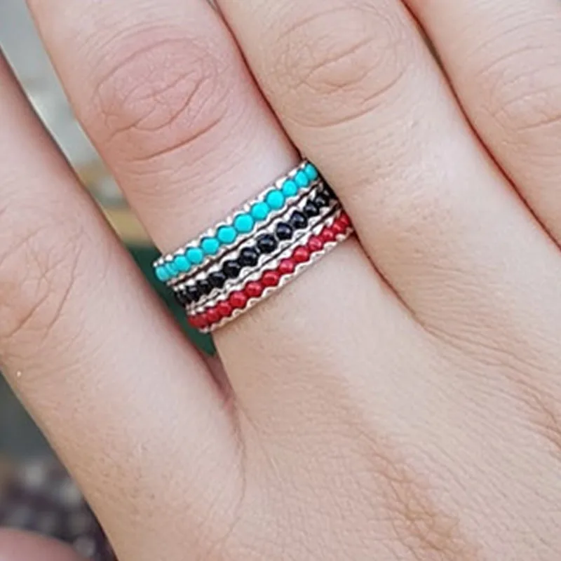 

3 Pcs Silver Color Round Green Black Red Stone Crystal Finger Ring Set for Women Men Party Jewelry Size 5-11