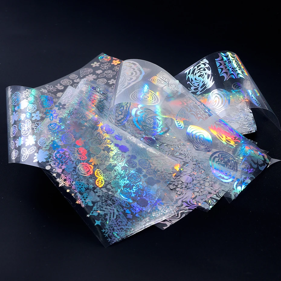 10pc Holographic Foils Nail Transfer Wraps Lace Flower Snowflake Clear Black Adhesive Sticker Set Nail Foil Gradient Tips CH1040