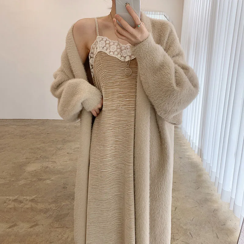 2021 Autumn Winter New Women'S Faux Mink Cardigan Jacket One-Piece Korean Elegant Loose Long-Sleeved Midi Warm Cardigan Jackets