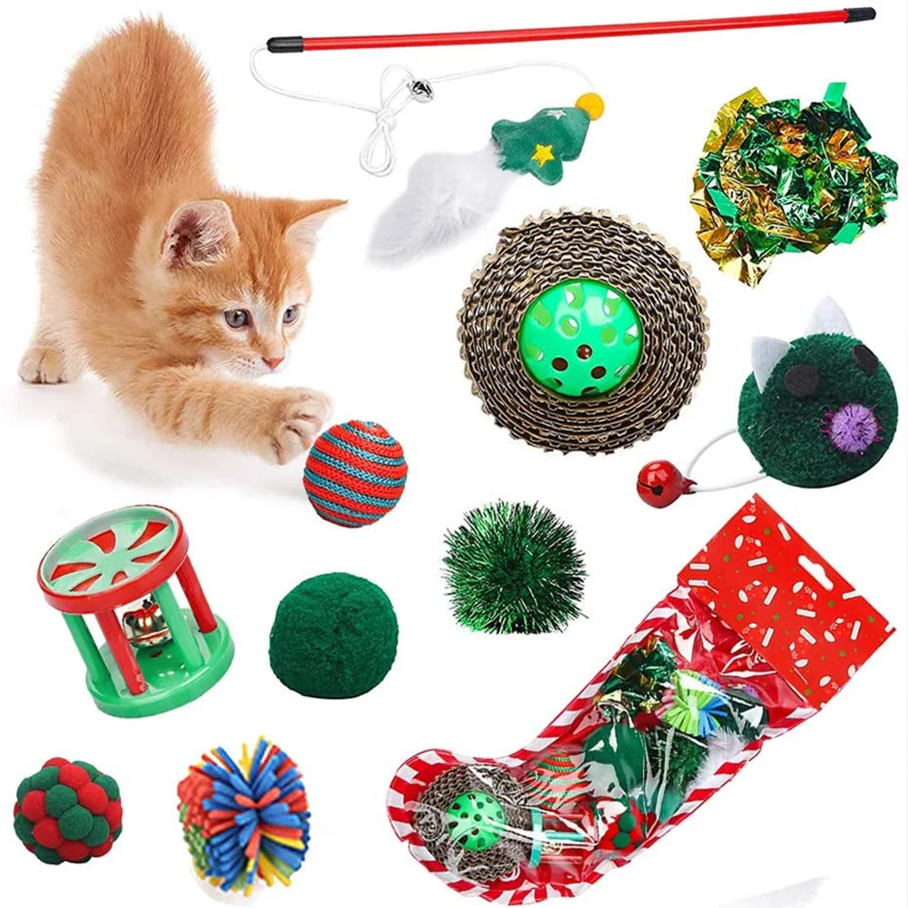 

10pcs Christmas Cat Toy Stocking Gifts Set Interactive Toy with Catnip Pets Teaser Wand Fluffy Mouse Crinkle Balls Toys for Cats
