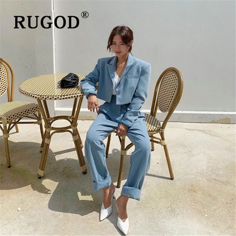 RUGOD, новинка, Осенний Блейзер, набор, зубчатый, на одной пуговице, короткая куртка, на пуговицах, тонкие брюки, модные, женские, элегантные, для офиса
