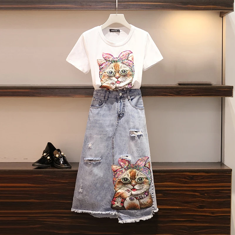 Футболка PERHAPS U с коротким рукавом и круглым вырезом принтом кота блестками