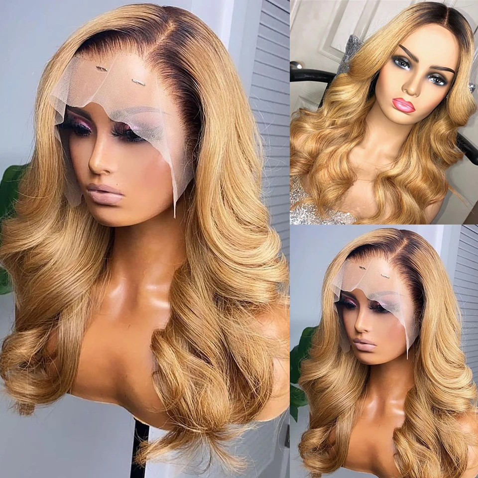 

Honey Blonde Lace Front Wig Ombre 1B/27 Lace Front Human Hair Wig Body Wave Lace Closure Wig For Women Pre Pluck For 180 Density