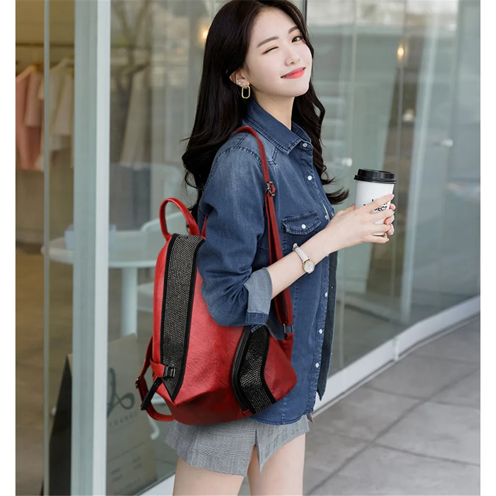 

2019 New PU Leather Women Backpack Casual School Backpack For Teenager Girl Large Capacity Multifunction Backpack With Diamonds