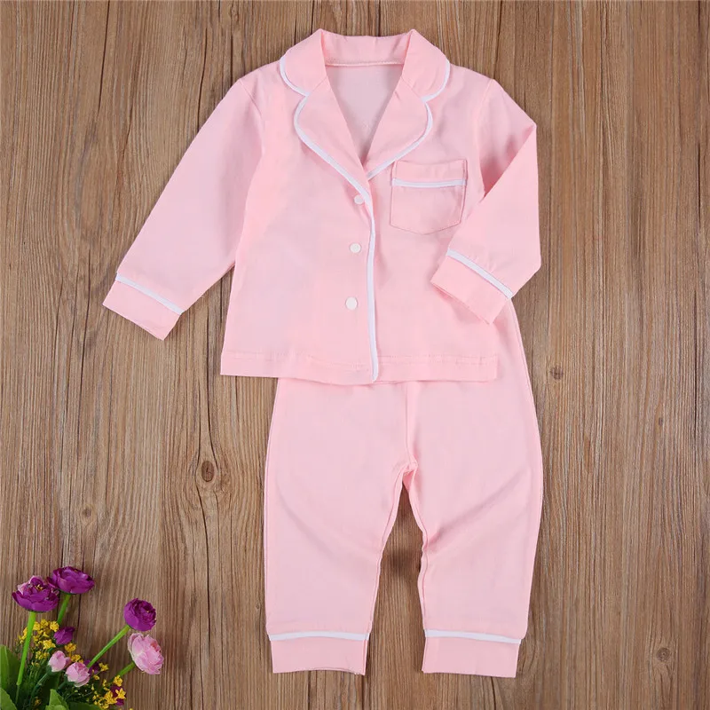 

Children pajamas sets baby solid color sleepwear unisex winter fall long sleeve button lapel tops pants pyjamas nightwear kids