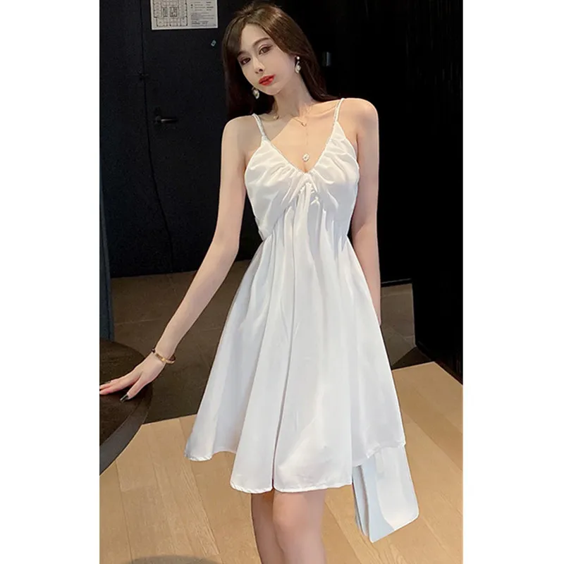

Real Shot 2021 Summer New Fashion Female Sense V-Neck Slim Pure Color Dress With Sling