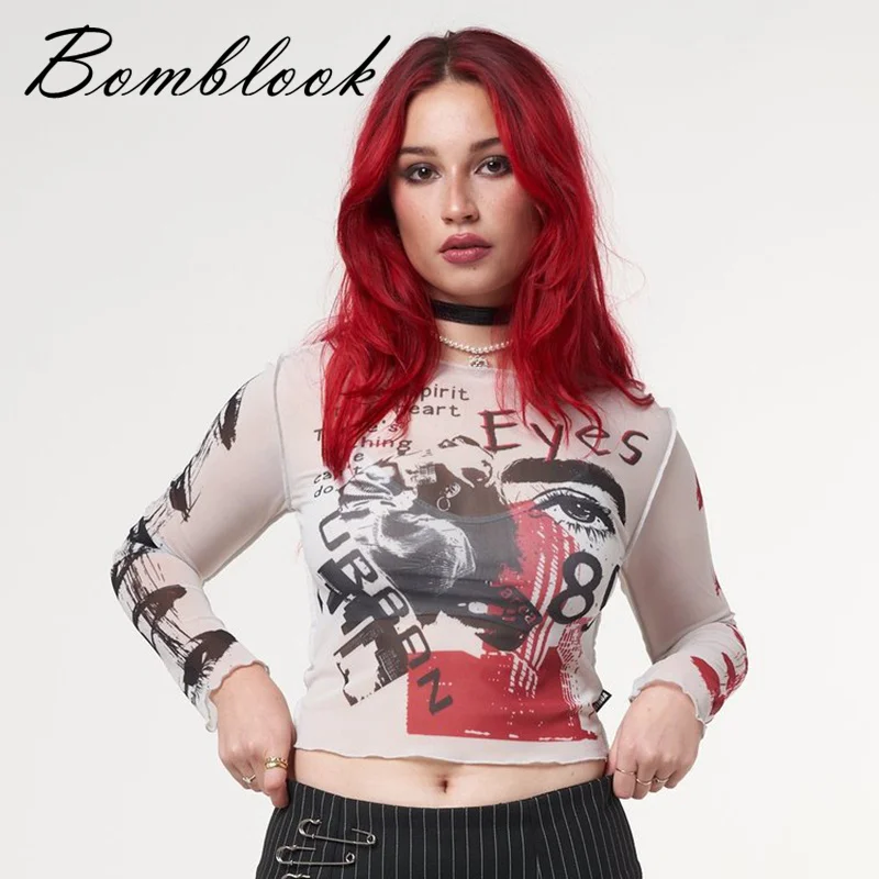 Bomblook 2022 Spring New Gothic Round Neck Pullover Long Sleeve Net Yarn Printed  Navel-Cropping Casual Ladies' Top