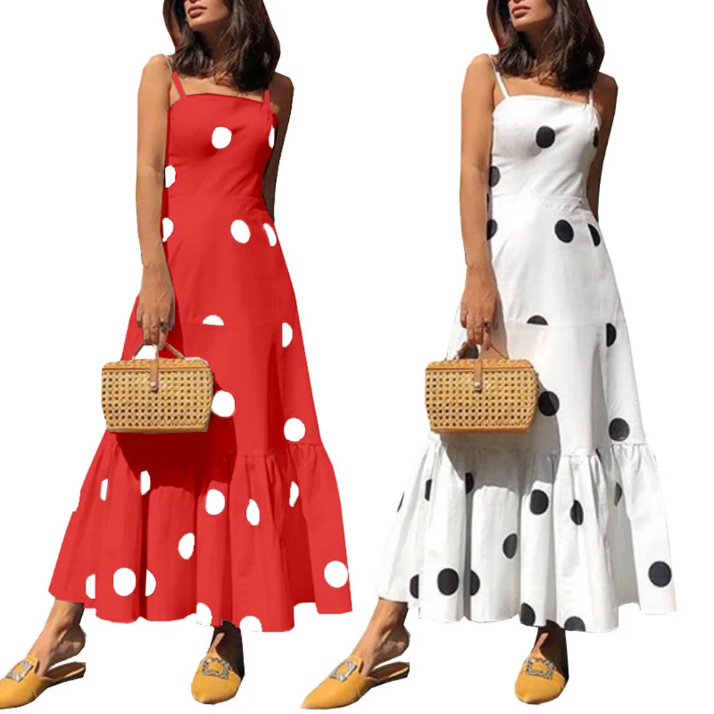 

Fashion Summer Women Polka Dot Printed Pleated Sleeveless Sling Maxi Long Dress