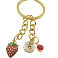 strawberry fruit initial letter birthstone keychains keyring gold fashion jewelry women gifts christmas accessories pendants