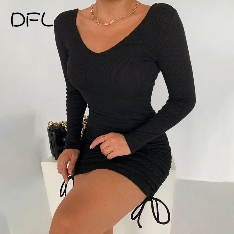 

DFLlifes Side Drawstring Ribbed Long Sleeve Robe Casual Sexy Fashion Midi Bodycon Dress for Women Clubwear Autumn Winter 2021