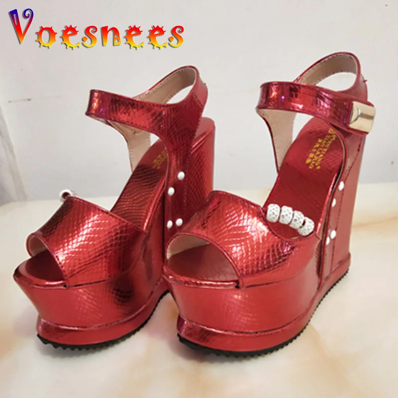 

Fashion Summer Wedges Women Shoes Nightclub Ladies Platform Velcro Sandals New Snake Print String Bead Models Stage High Heels