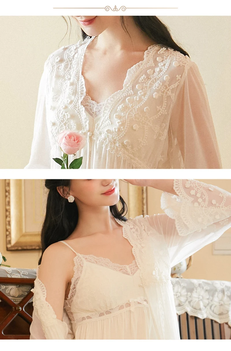 

2 Pcs Victorian Dress Bathrobe Women Sleepwear Vintage Palace Style Elegant Nightdress Autumn Sexy V-neck Nightgowns Robes Set