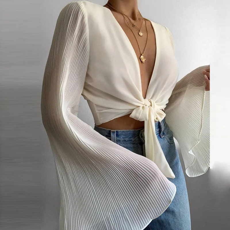 

Women Solid Color Chiffon Lace-up Blouse Long Flared Sleeves Plunging Neckline Crop Tops White/ Green/ Khaki