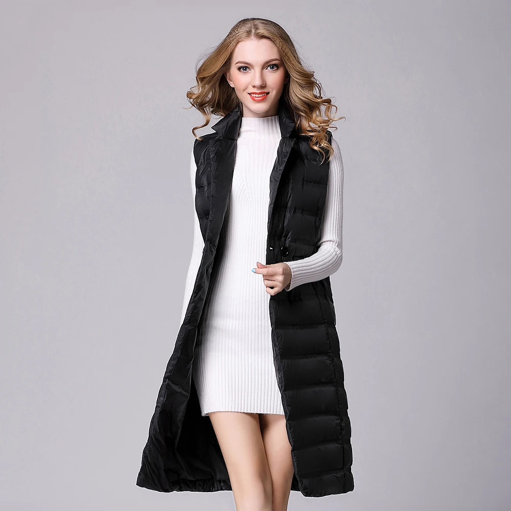 

Women Vests Long Down Jacket Vest Two button Female Slim Sleeveless Jacket Ladies Windproof Warm Waistcoat