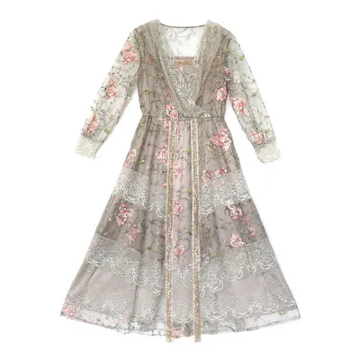 

LYNETTE'S CHINOISERIE Spring Autum New Original Design Women Vintage Mori Girls Lace Patchwork Embroidery Gray Dresses