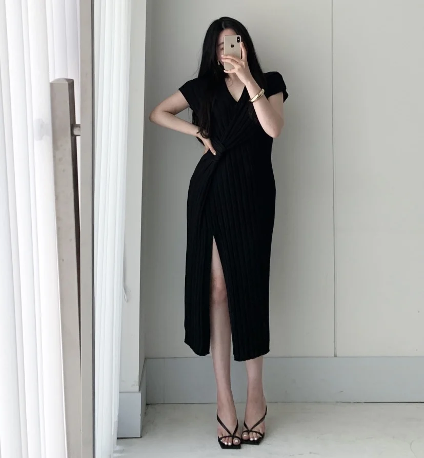 

COIGARSAM Knitting Women dress Dresses Apricot Black 2807
