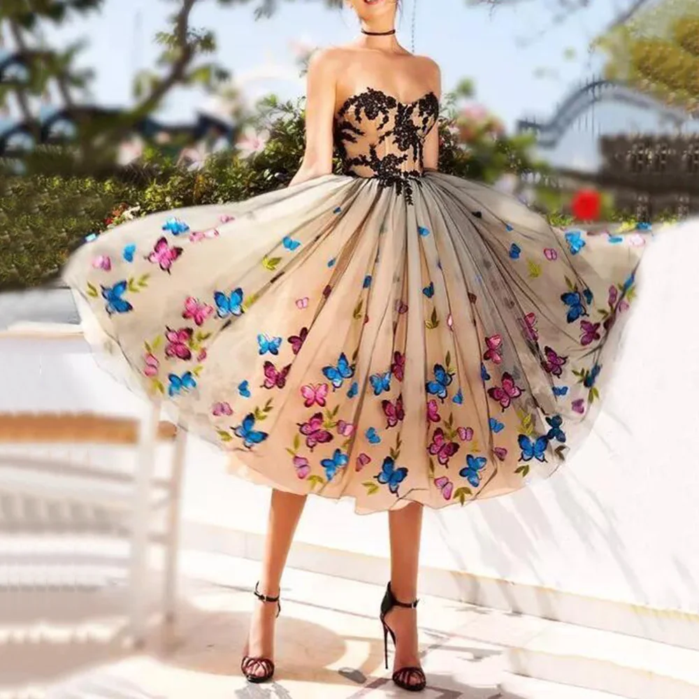 

Dressv Cocktail Dresses Woman Party Night Lace Embroidery Sleeveless Colorful Butterfly Bandage Backless Sweetheart Summer Dress