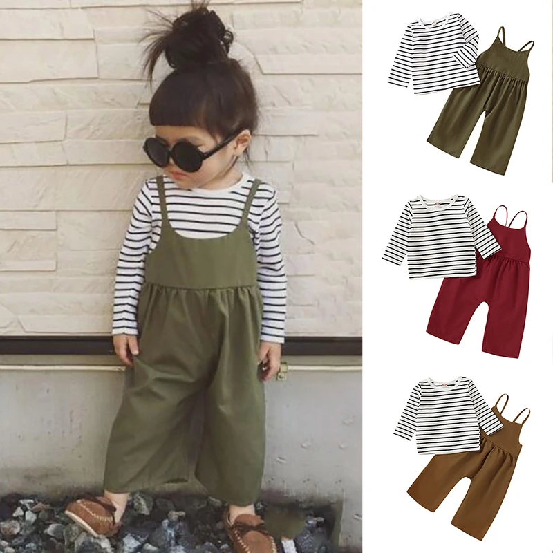 

Children Clothing Set Toddler Baby Girls Long Sleeve Stripe Tops+Solid Suspender Pants Autumn Winter Girls Outfits