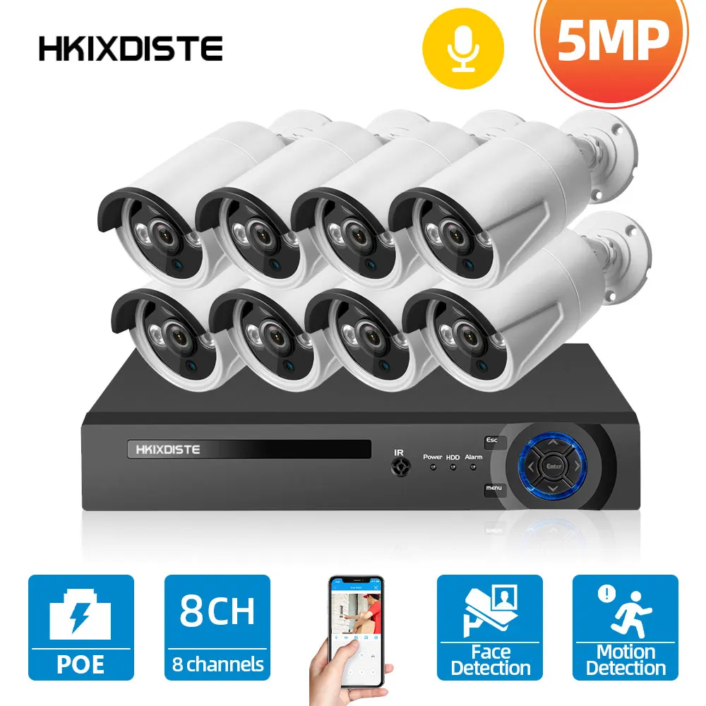 

H.265 8CH 5MP POE Security Camera System Kit AI Face Detection Audio Record Outdoor IP Camera IR CCTV Video Surveillance NVR Set
