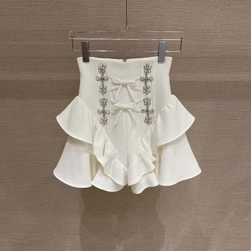 2021 spring and summer white ruffled diamond high-waisted culottes shorts women design culottes  harajuku skirt  Embroidery