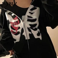 y2k harajuku gothic hoodies korean style retro loose skull zip up hooded coat long sleeved black color print fashion autumn 2021