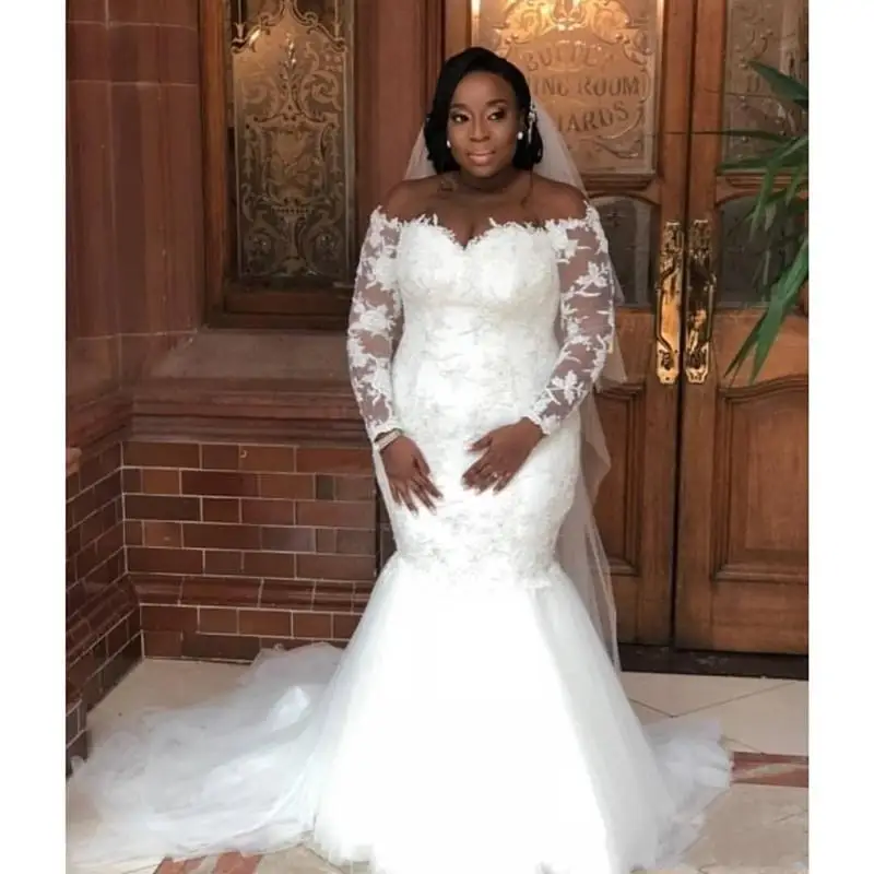

Mermaid Wedding Dresses Plus Size Long Sleeves Off Shoulder Vintage Lace Sheer Tulle Sweep Train Bride Dresses De Noiva