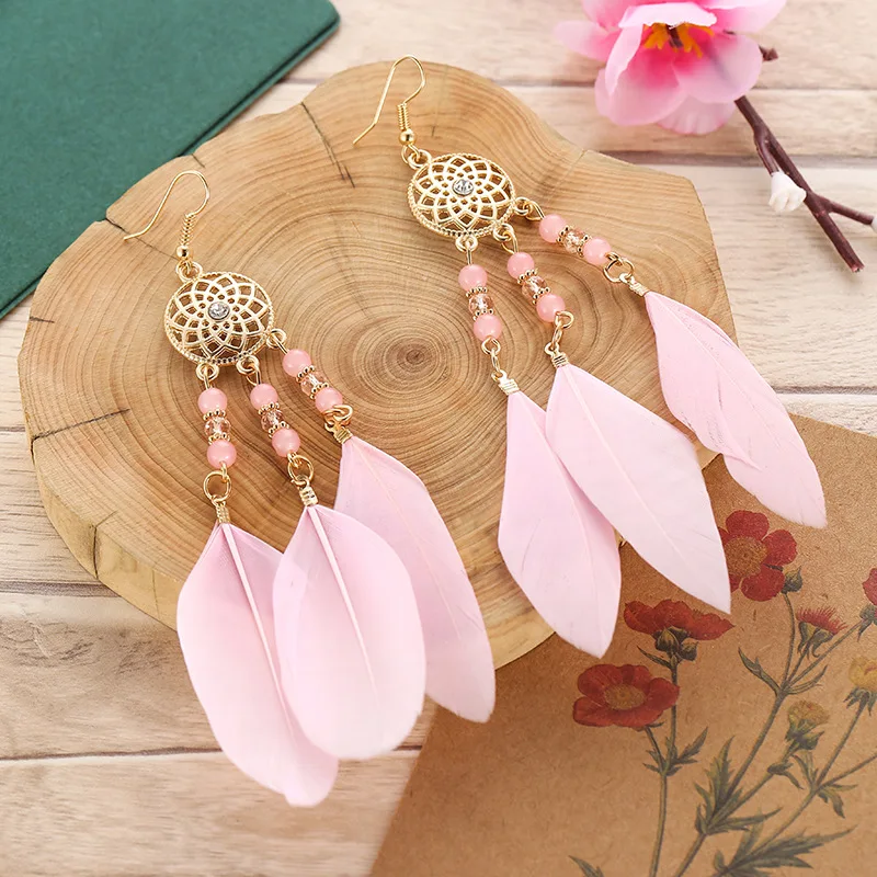

Bohemian Sun Flower Tree Beads Tassel Earrings Female Long Dream Catcher Feather Earrings Jewelry Vintage Irregular Women