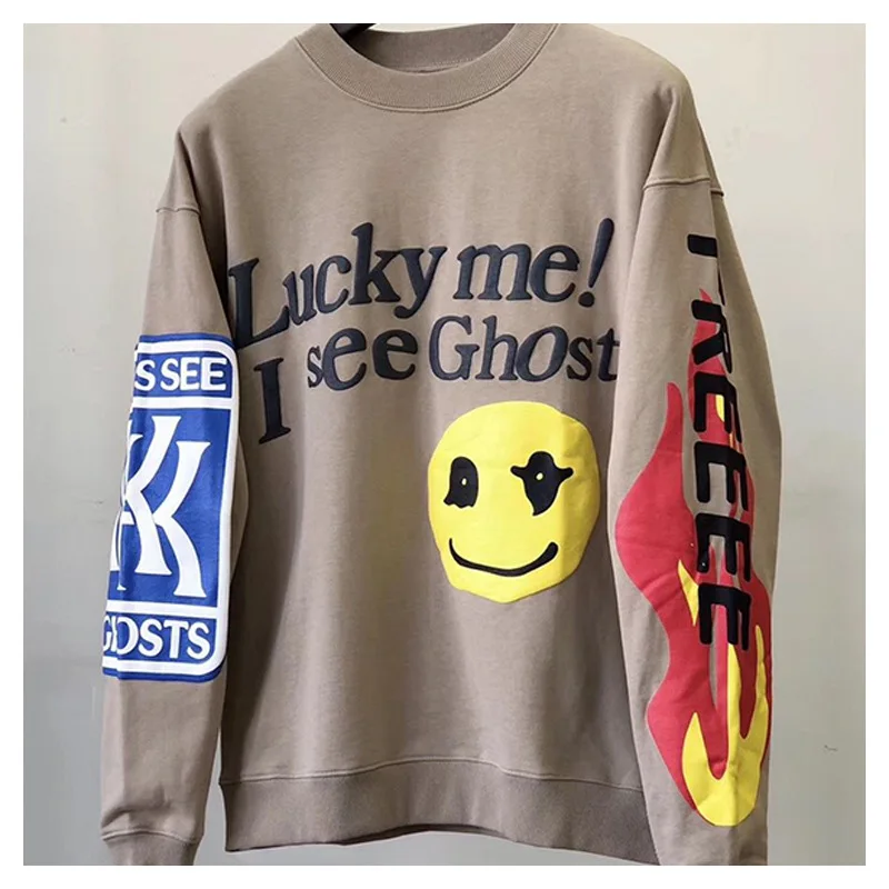 

KANYE WEST sweatshirt men Street Windsuits smiling face three-dimensional print loose-sleeved jacket sweatshirts men's hoodie