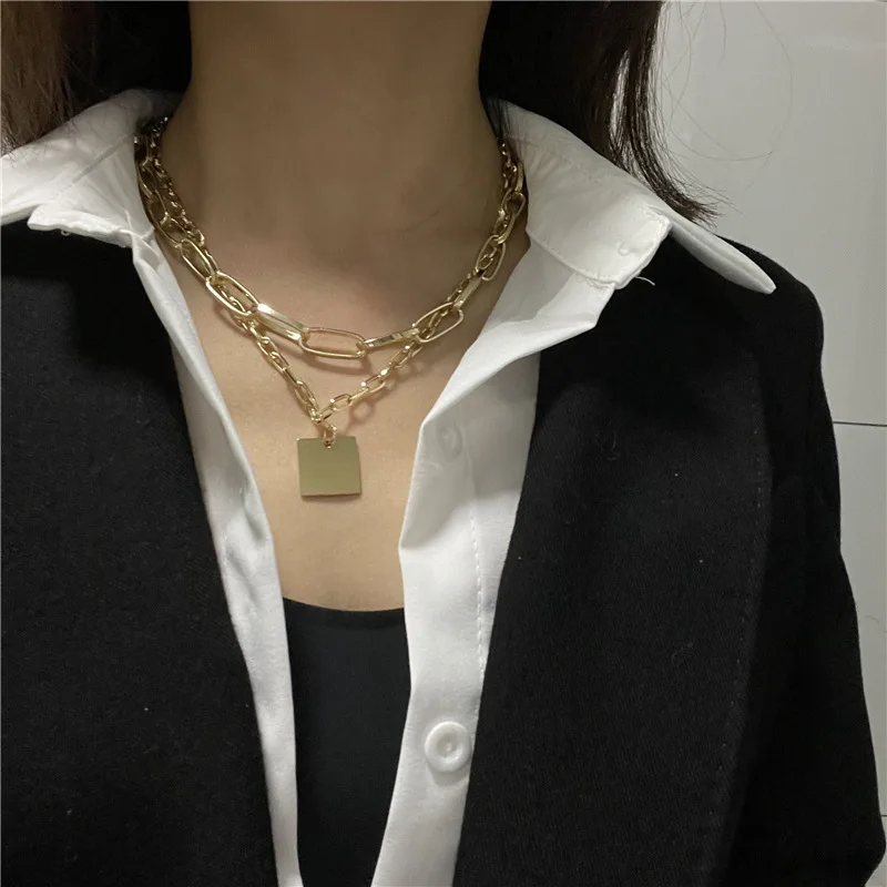 

Hiphop Square Tag Chokers Necklaces for Women Gothic Double Chain Pendant Necklace Female Colliers Vintage Punk Jewelry