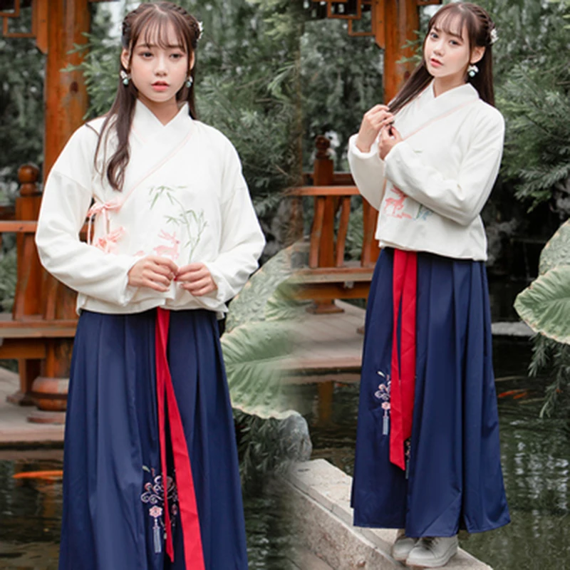 

Women Embroidery Hanfu Festival Outfit Classical Dance Costume Singer Folk Fairy Dress Rave Performance Clothes 2 Pcs Set DF1238