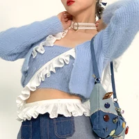 mof store girl light blueblack removable lace trim plush knitted cardigan suit plaid vest