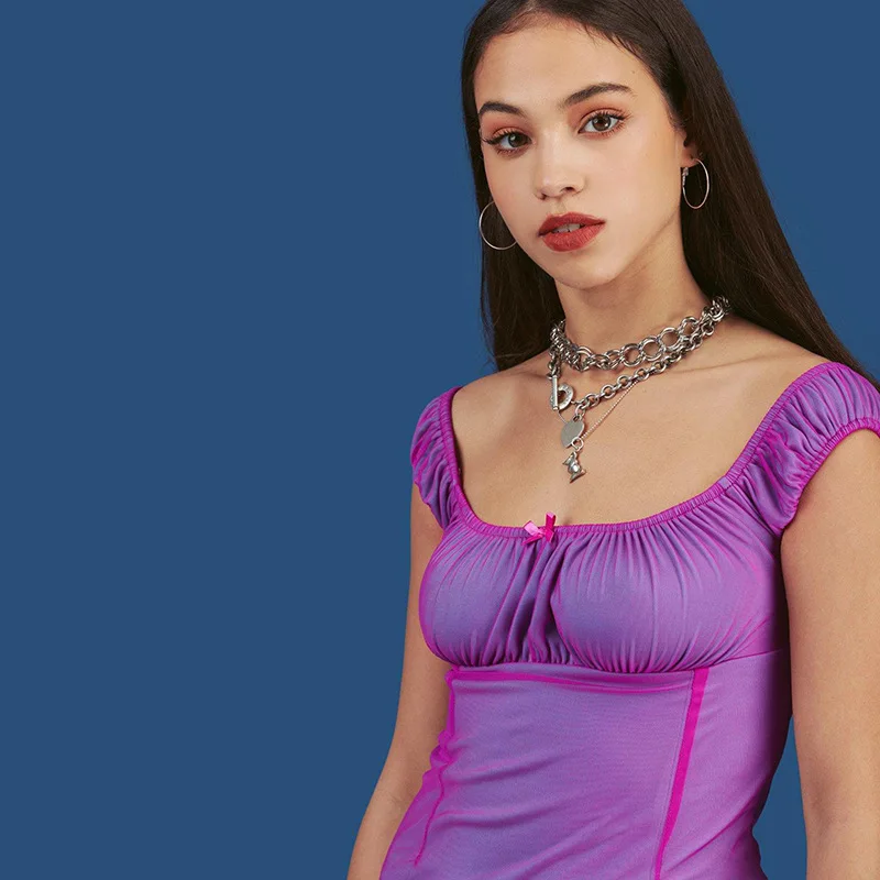 Сексуальное Фиолетовое Сетчатое женское мини платье Harajuku с квадратным