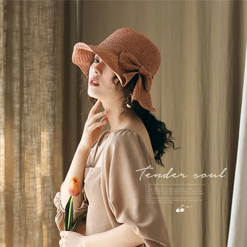

2020Parent-child 100%Raffia Bow Sun Hat Wide Brim Floppy Summer Hats For Women Beach Panama Straw Dome Bucket Hat Shade Hat