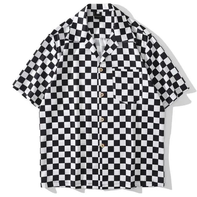 Мужская Шахматная Рубашка летняя белая черная сетка|Повседневные рубашки| |