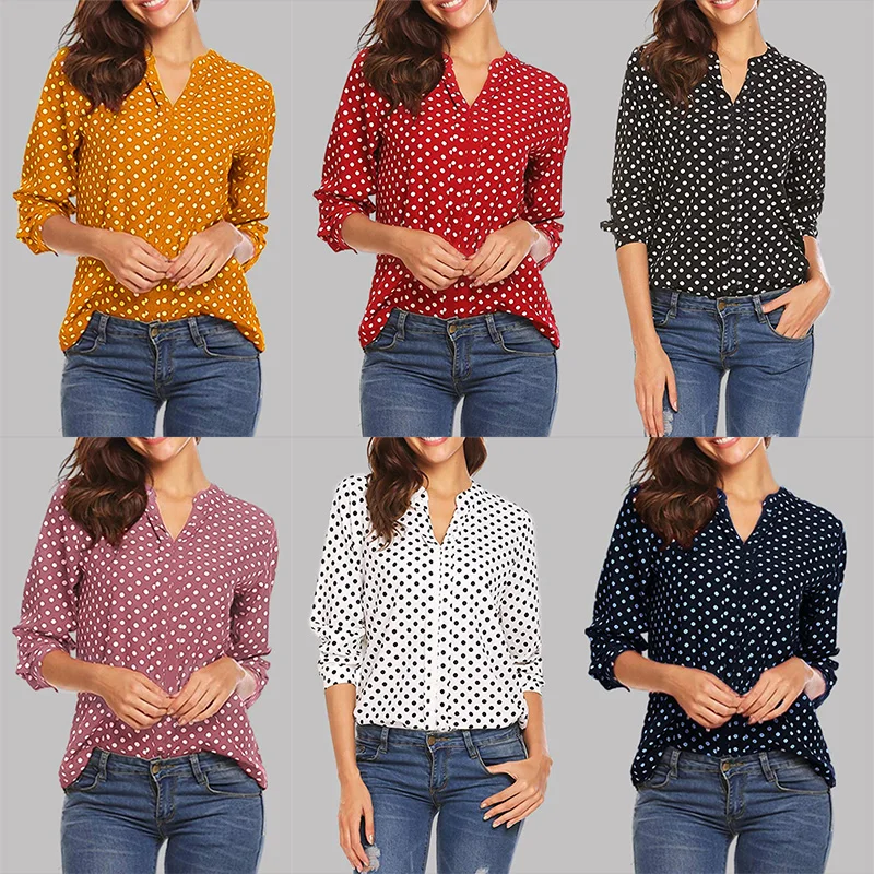 

3XL 4XL 5XL Plus Size Tunics Women Blouse Shirt Vintage Polka Dot Tops V Neckline Rolled Long Sleeve Loose Elegant Blouse Ladies