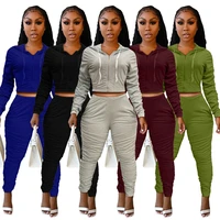 casaul women tracksuit hooded drawstring shirt and long pants pleated solid color sporty matching suit clothes for women outfit