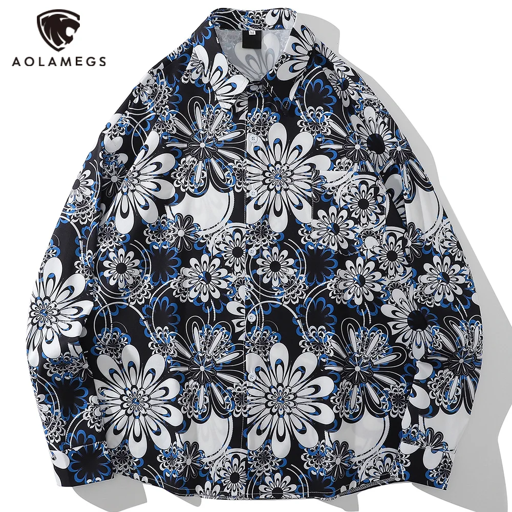 

Aolamegs Shirt Men Harajuku Floral Full Print Long sleeve Shirts Fashion Hip Hop Cool High Street Tops Oversized Cozy Streetwear