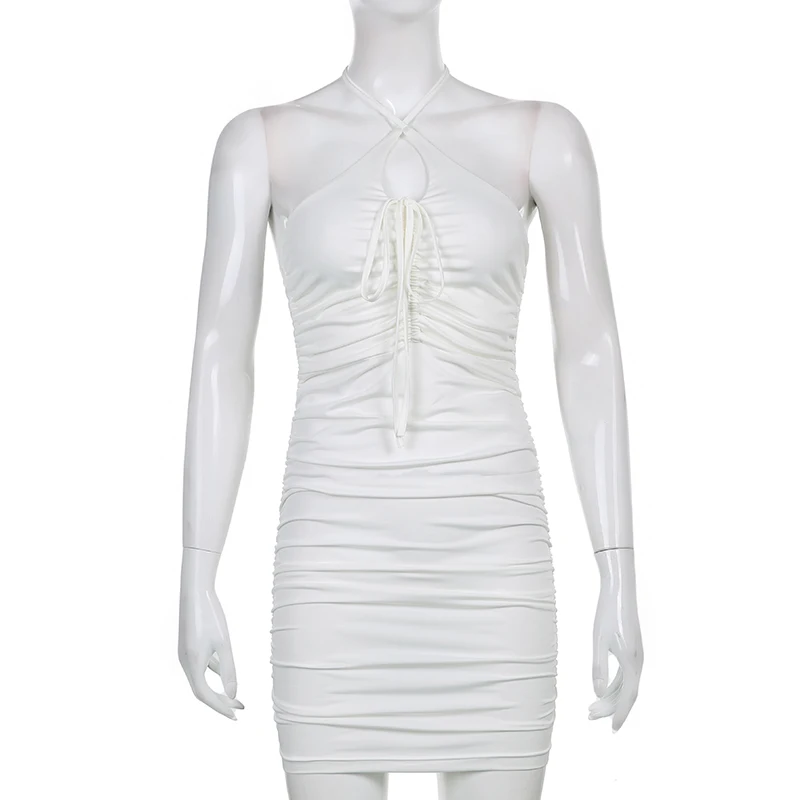 

Sexy Sleeveless 90S Bodycon Dress Club Outfits For Women 2021 Summer Fashion Draw String Female White Mini Dress