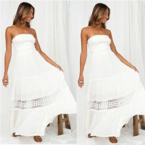 Платье женское пляжное без бретелек пикантный длинный ажурный вечерний Белый