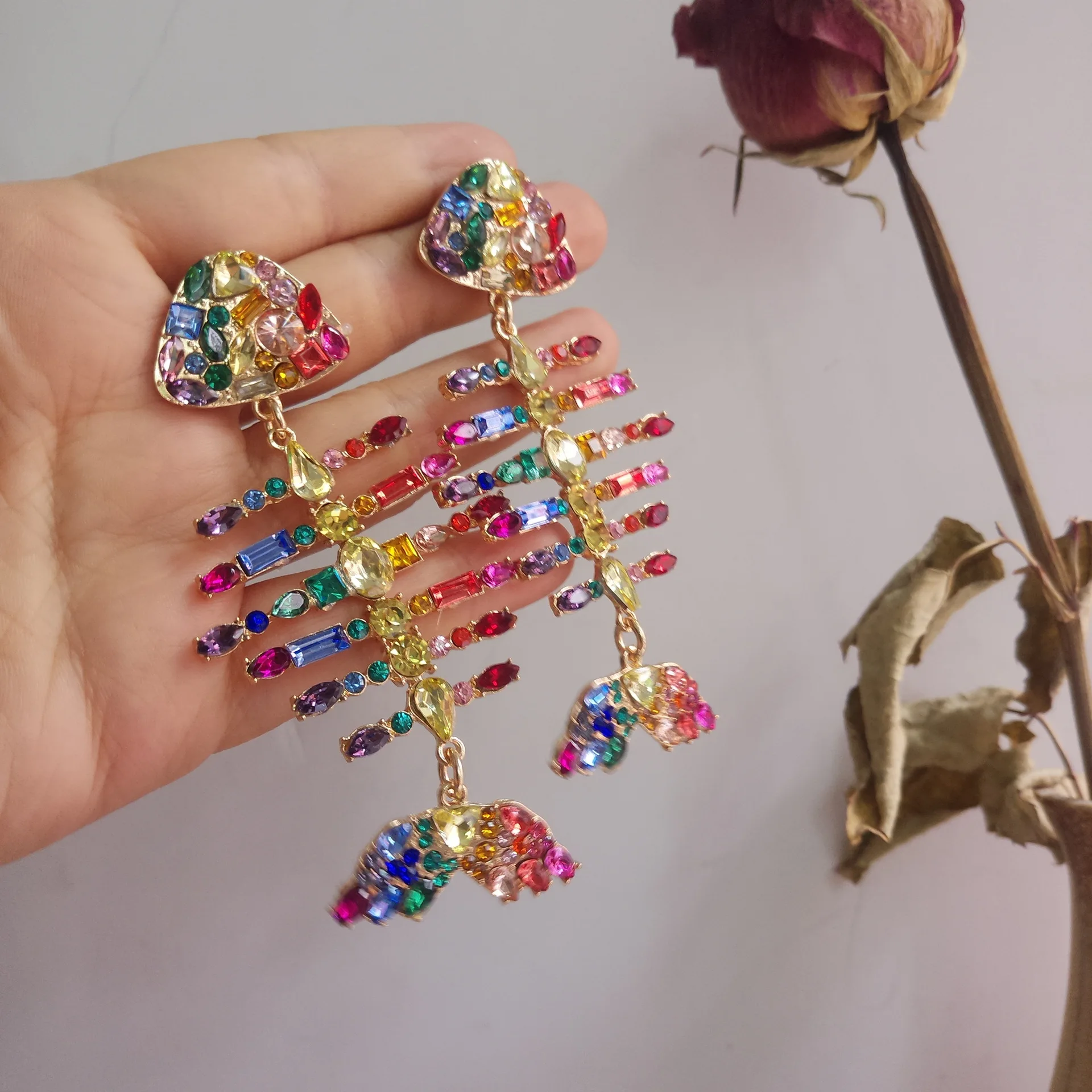 Women's Novelty Hyperbole Fish Shape Fashion Earrings with Rhinestones - Jewelry Accessories for Club and Party - Long Drop Earrings image 3