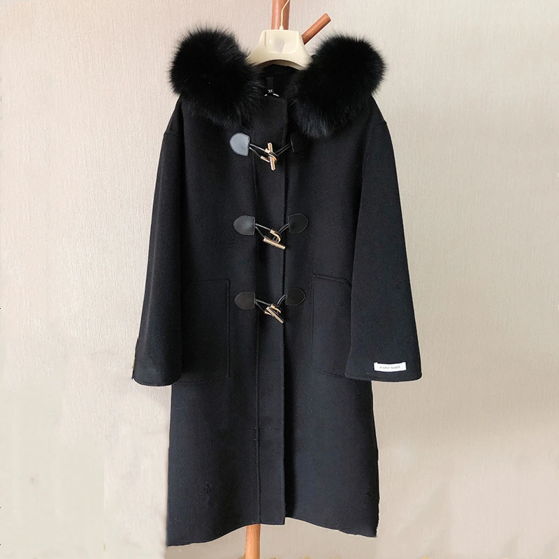 

100% Wool High Quality Fashion Ladies Winter Vintage Elegant Double-Sided Woolen Hooded Fox Fur Collar Golden Button Coat Jacket