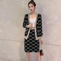 fashion knitted cardigan coat color contrast suit women elegant office two piece pencil skirt korean style knitted sleeve