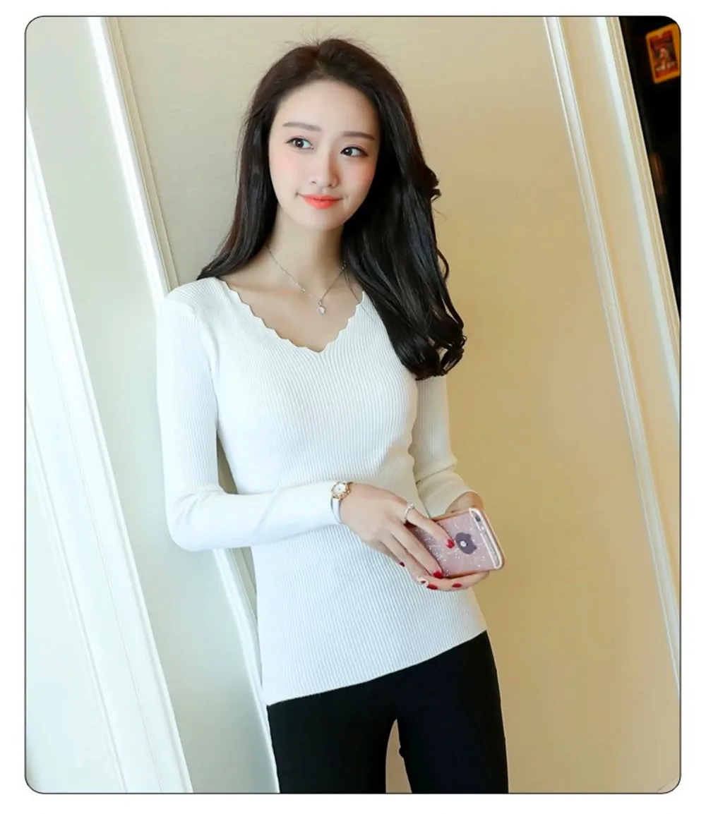 

6 Colors Spring Soft Women's Knitting Pullovers Slim Sweatshirt Long Sleeve Shirt V-Collar Solid Ladies Girls Outfits Thin Tops