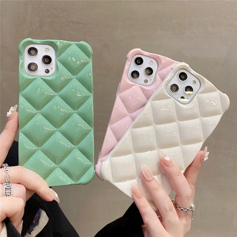 

3D Candy Color Luxury Diamond Lattice Phone Case For iPhone 13 11 12 Pro X XR XS Max 7 8 Plus Plain Cute Soft Back Cover Case