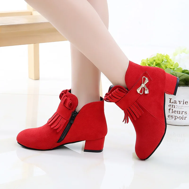 

Kids Shoes For Girl 2020 New Fashion Tassel High Heel Priccess Plush Boots 3 4 5 6 7 8 9 10 11 12 Years Old Little Girls Boots