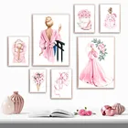 Модные женские туфли на розовом каблуке с цветком лилии, скандинавские плакаты и принты, настенная живопись на холсте, настенные картины для декора гостиной