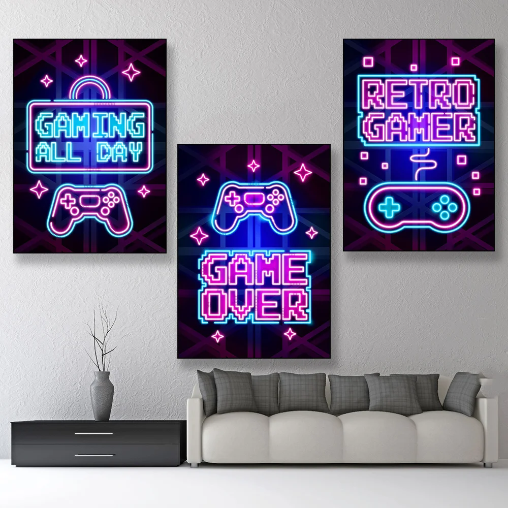 Неоновые Красочные картины на холсте Постер и печать игровой комнаты модульное